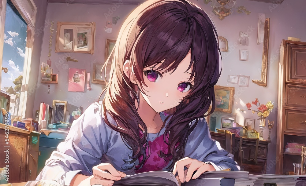 Obraz premium girl in living room studying 