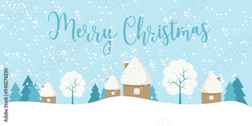 Christmas greeting card with cute landscape and lettering