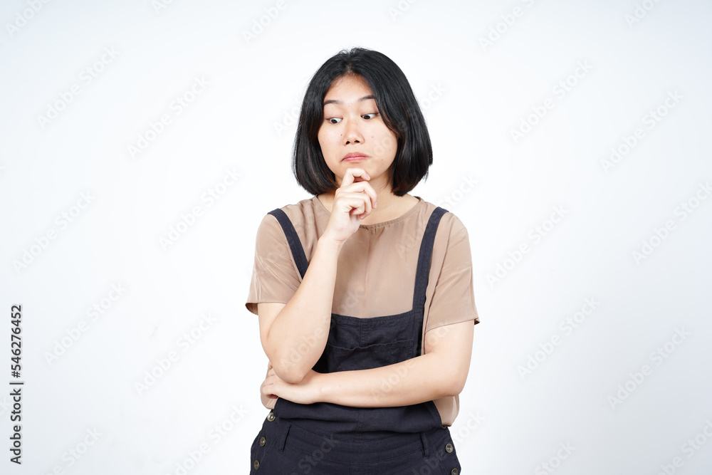 Looking down and thinking gesture Of Beautiful Asian Woman Isolated On White Background Looking down and thinking gesture Of Beautiful Asian Woman Isolated On White Background