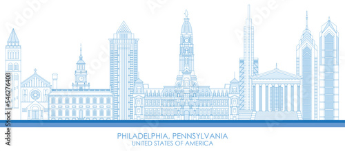 Outline Skyline panorama of Philadelphia, Pennsylvania, United States - vector illustration
