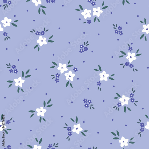Cute floral pattern. Seamless vector texture. An elegant template for fashionable prints. Print with white and lilac flowers, green leaves. purple background.