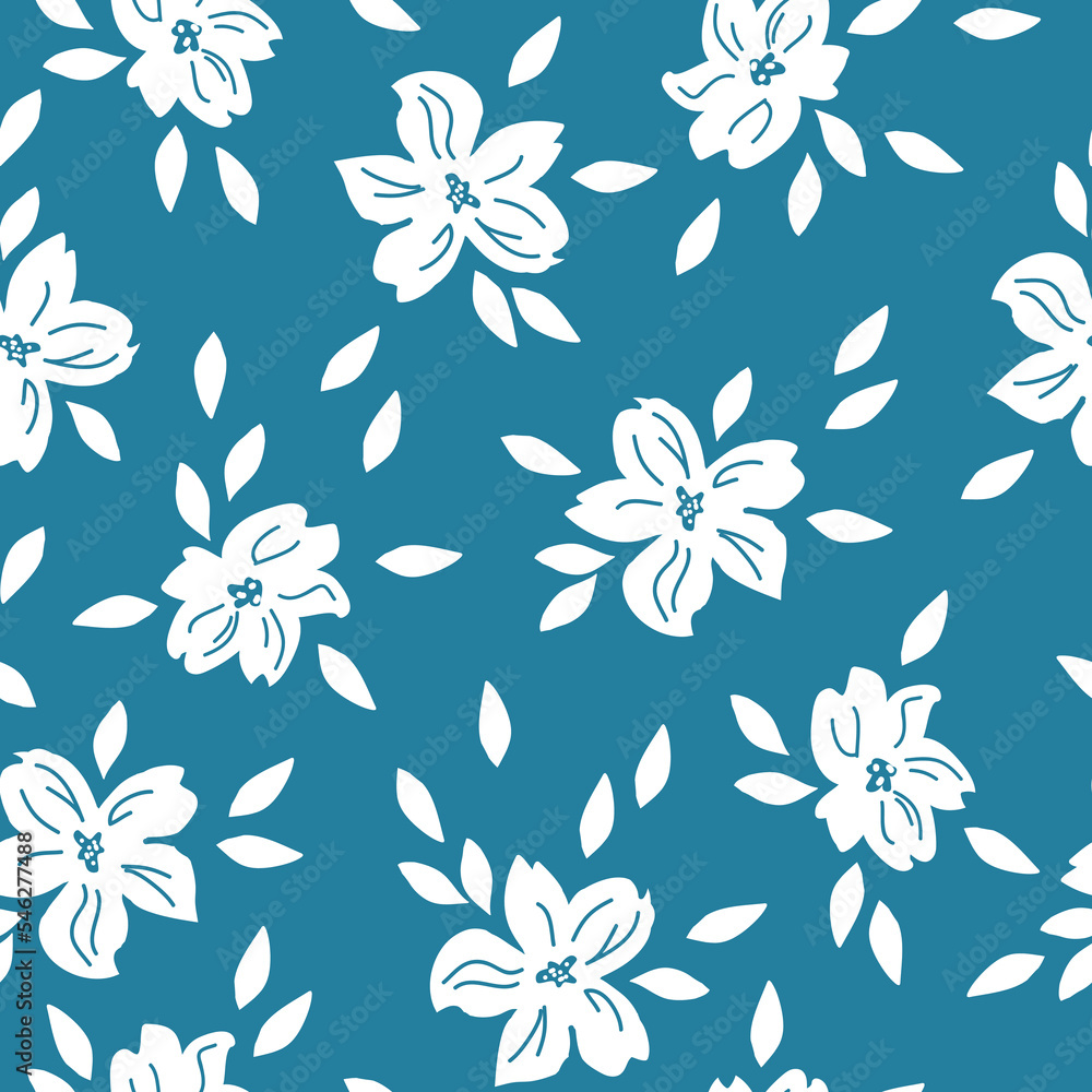 Cute floral pattern. Seamless vector texture. An elegant template for fashionable prints. Print with white flowers and  leaves. blue background.