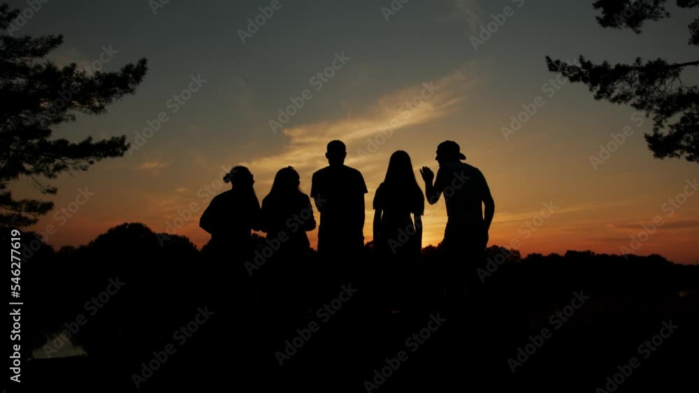 Back view of the silhouettes of a group of friends hugging against the backdrop of the sunset. Slow motion Back view of the silhouettes of a group of friends hugging against the backdrop of the sunset. Slow motion