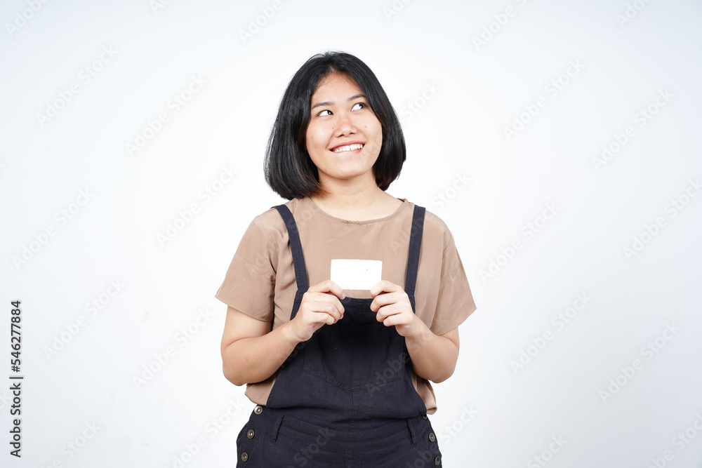 Thinking and Holding Blank Bank Card Or Credit Card Of Beautiful Asian Woman Isolated On White