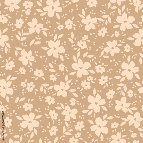 Cute floral pattern. Seamless vector texture. An elegant template for fashionable prints. Print with white flowers ans leaves. beige background.