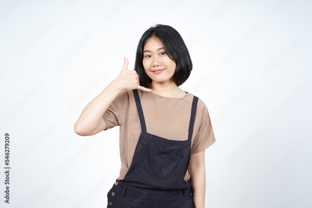 Call me back gesture Of Beautiful Asian Woman Isolated On White Background Call me back gesture Of Beautiful Asian Woman Isolated On White Background