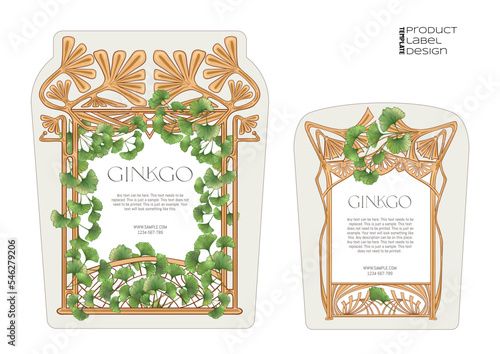 Ginkgo biloba leaves. Border, art nouveau frame, template for product label, cosmetic packaging. Easy to edit. Vector illustration. In botanical style
