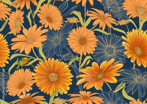 Calendula medicinal herbs and flowers seamless pattern, background. Vector illustration.