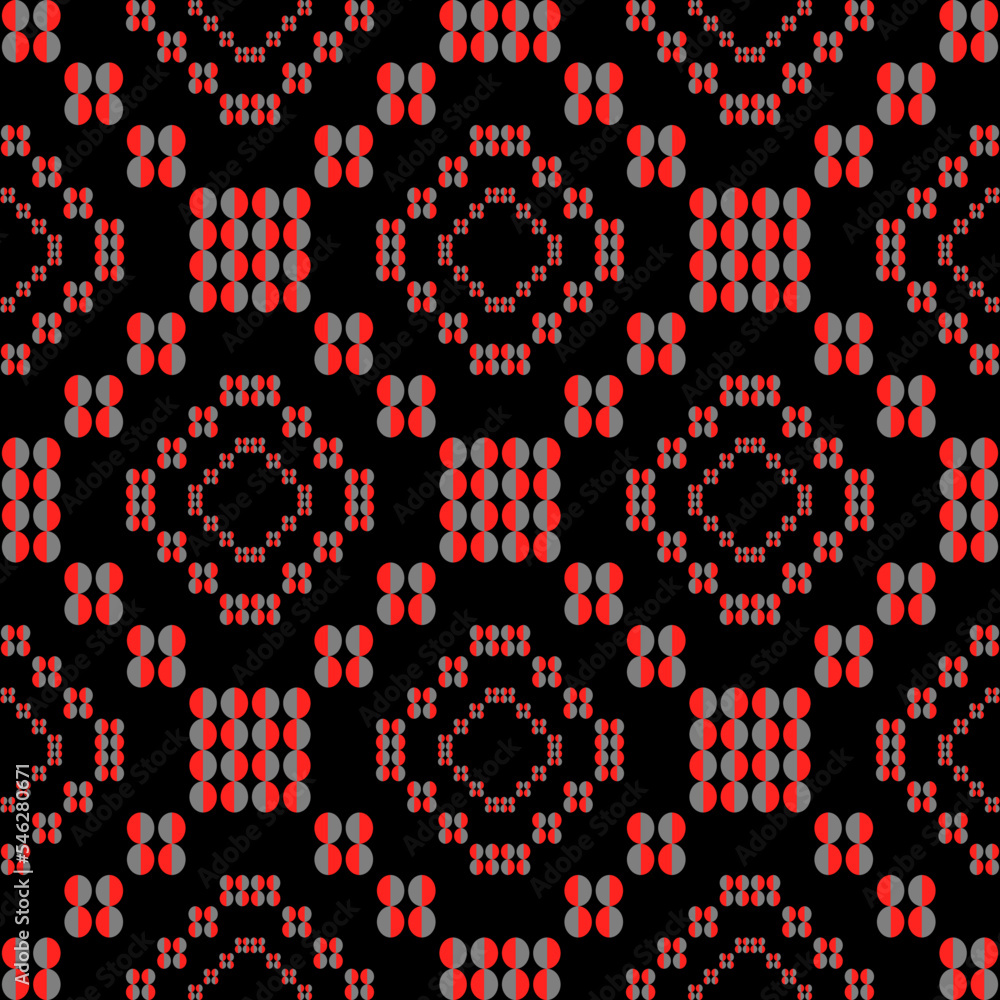 Seamless geometric pattern. Abstract circle and square vector. Fabric pattern. black background image. Red vector illustration. Gray. Image used for wallpaper, wrapping paper, mosaic tile pattern.