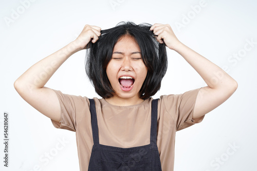 Angry Stressed and Pull Hair Of Beautiful Asian Woman Isolated On White Background