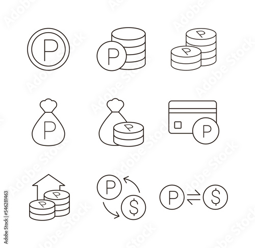 Set of line icons in simple and minimalistic style. Points, coin, cash, money, earn, payment, currency exchange, shopping, bank related icons.