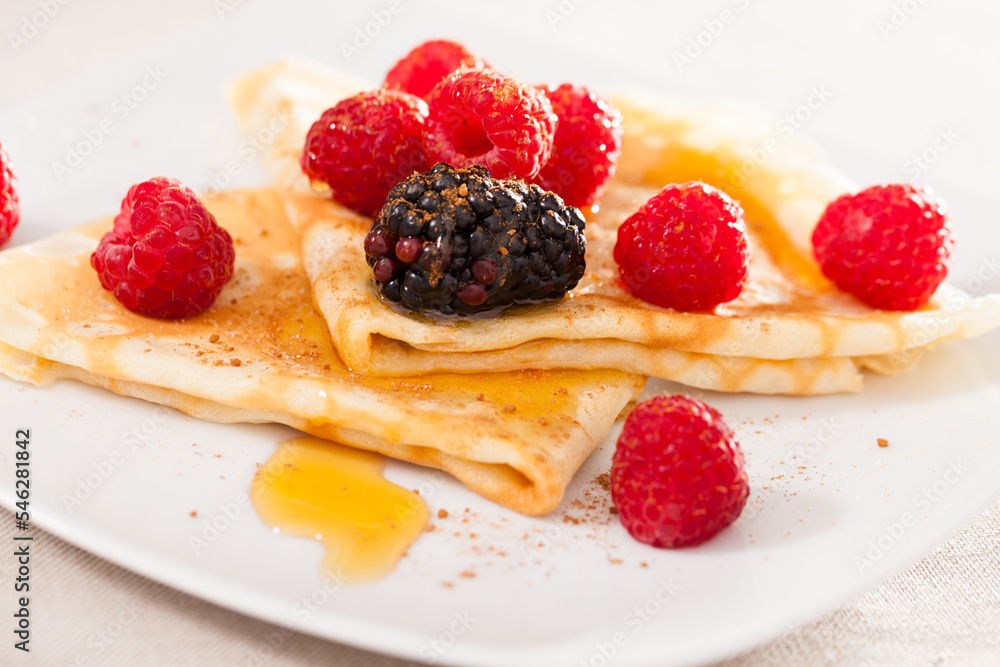 pancakes with raspberries, blackberries and honey pancakes with raspberries, blackberries and honey