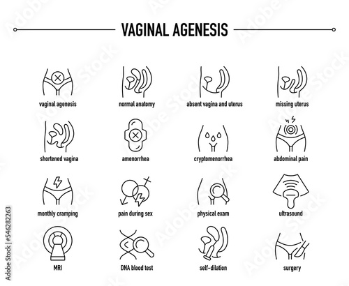 Vaginal Agenesis symptoms, diagnostic and treatment vector icon set. Line editable medical icons.