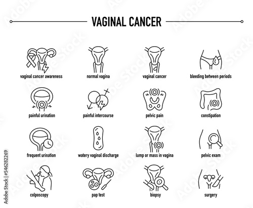 Vaginal Cancer symptoms, diagnostic and treatment vector icon set. Line editable medical icons.
