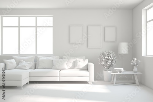 White minimalist living room with sofa. Scandinavian interior design. 3D illustration