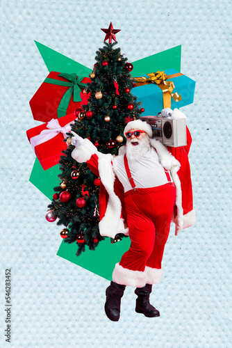 Collage photo of old excited grandfather wear santa claus red costume nice sunglass dance with boombox party invite isolated on blue background