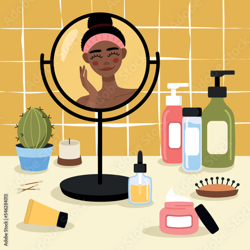 Girl look at the mirrow and skincare. Cosmetic bottles elements. Bath room and beauty table. 