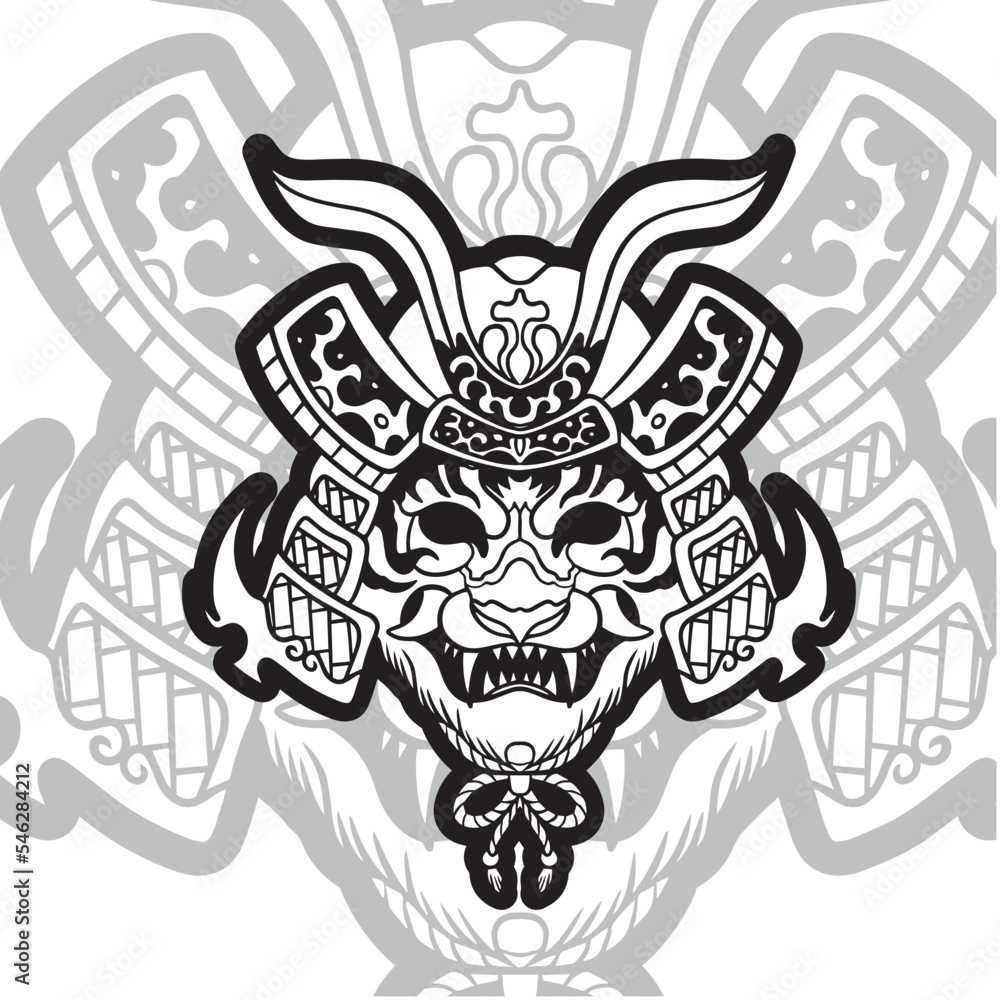 Fototapeta premium Samurai warrior mask. Traditional armor of Japanese warriors. Vector illustration, shirt graphic. All elements; mask, helmet, and colors are on separate layers and editable.