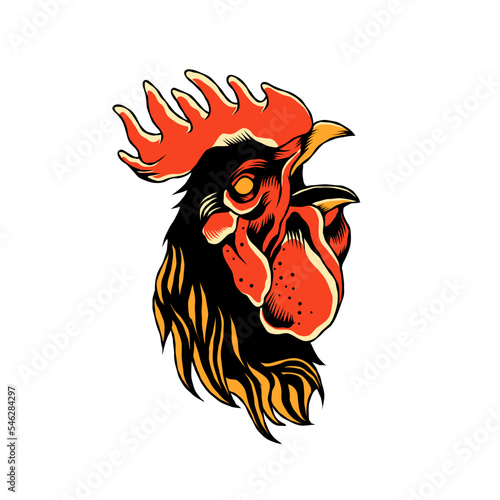 Illustration of a rooster crowing traditional tattoo