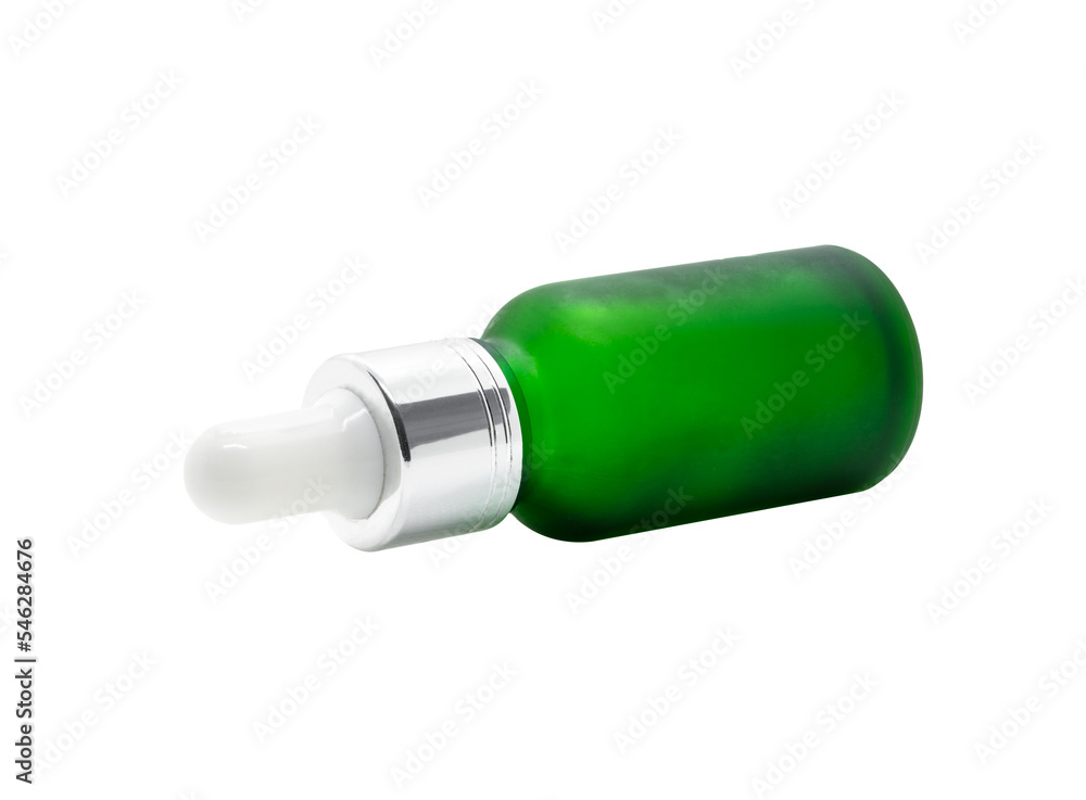 Green glass dropper serum bottle on white background, Mock up for cosmetic product design Green glass dropper serum bottle on white background, Mock up for cosmetic product design
