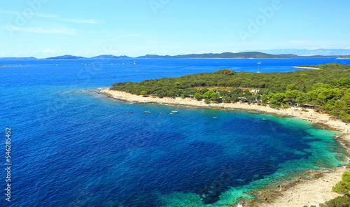 View to the clear blue Adriatic sea and beautiful beach from Veli Rat lighthouse, Dugi otok island, Adriatic sea, Croatia 