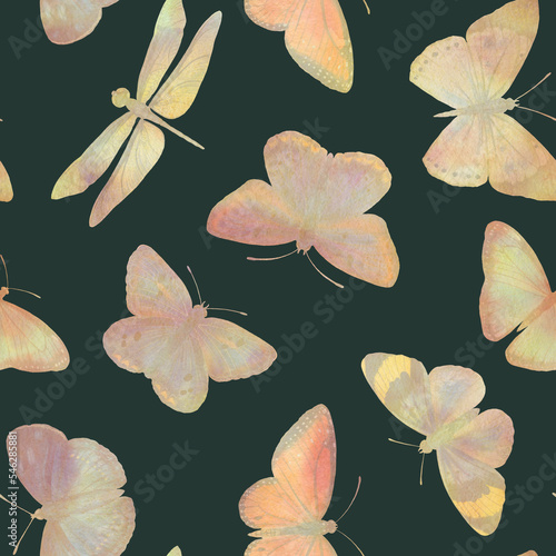 Seamless watercolor pattern  abstract botanical background  bright butterflies for design  wallpapers  invitations.