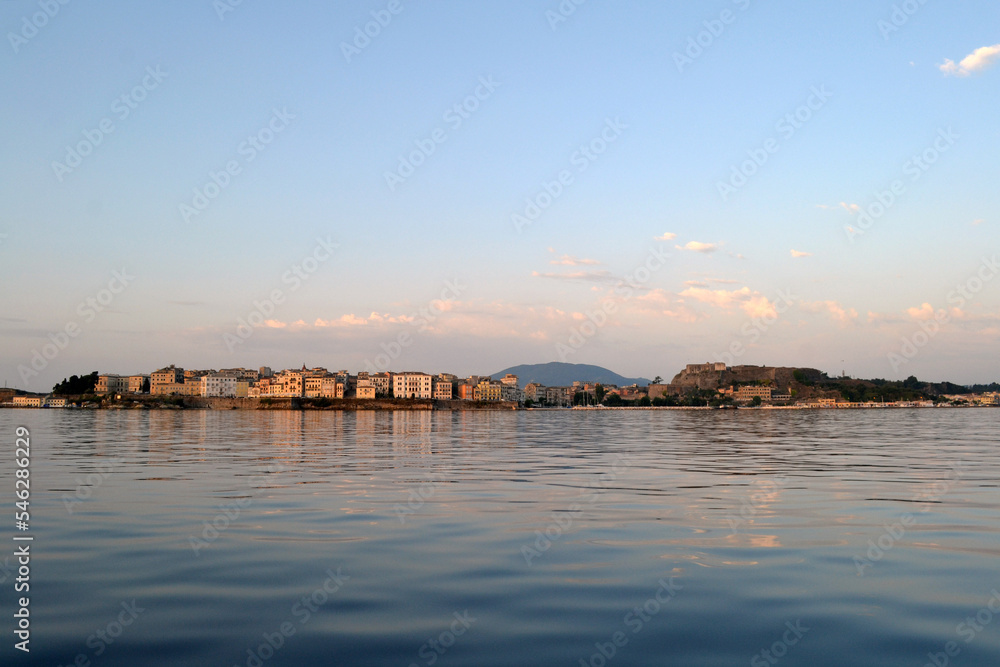 View of Corfu town from the sea in the morning.