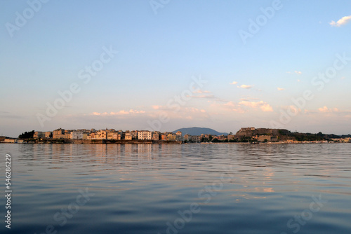 View of Corfu town from the sea in the morning.