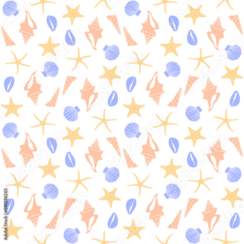 Boho seamless pattern with conch shells and sea stars on white background.