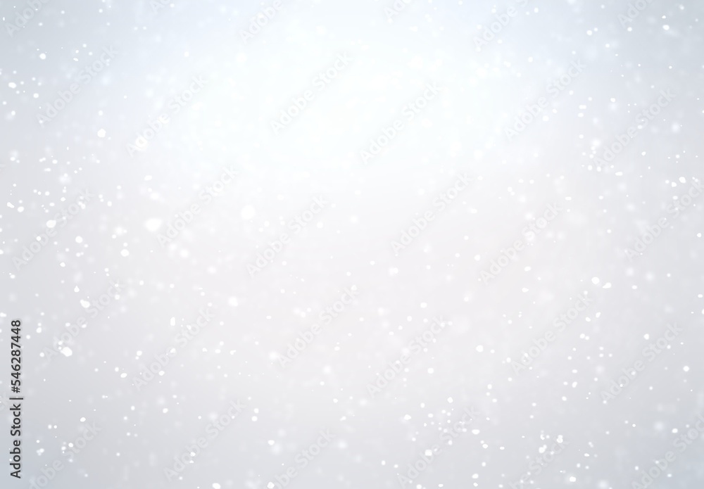 Light snow falling on white shiny empty blur backrop. Winter airy textured blank background.