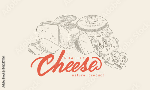 Cheese set with logo in engraving retro style