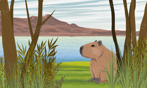 A capybara sits on the shore of a lake. Tropical trees and mountains on horizon. Rodents of South America. Realistic vector landscape