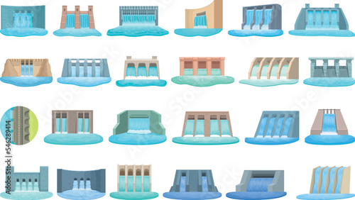 Hydro power station dam icons set cartoon vector. Water plant. Electric dam photo