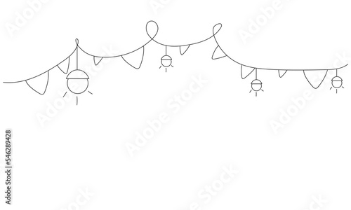 Flags and lights garland, string of triangular flags and outdoor lights for outdoor party, black line decorative illustration, festive decorations, white background, new year banner, party posters.