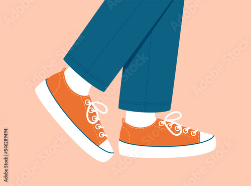 Fashionable pair of sports shoes. Female male legs in sneakers. Canvas shoes walking boots. Casual comfortable clothes and shoes. Flat stock vector illustration on colored background