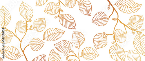 Golden botanical vector background. Luxurious watercolor wallpaper with white leaves, leaves and branch hand drawn. Elegant botanical design for banner, invitation, packaging, wall art. © leafyori