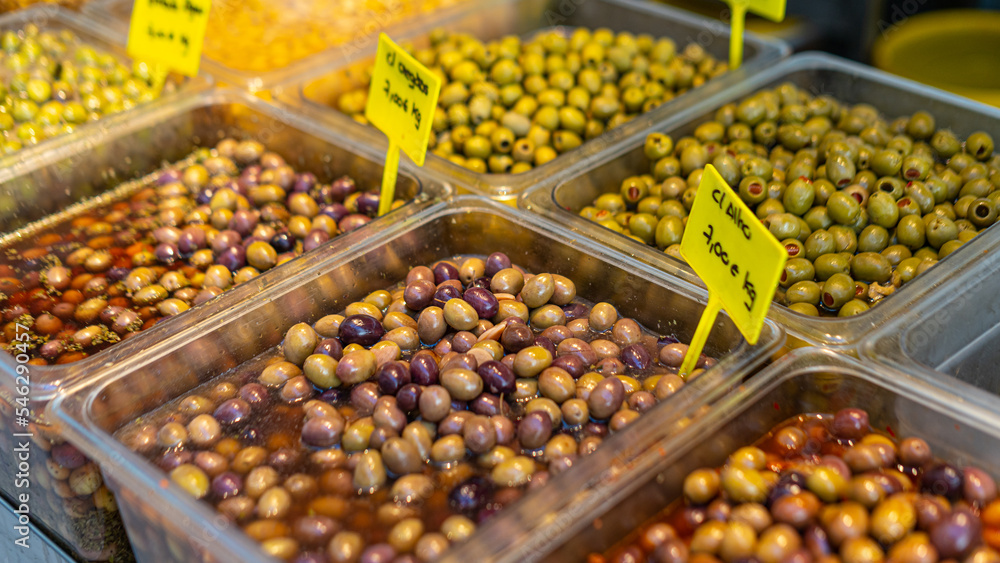Assortment of olives on market in Portugal, Europe