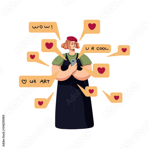 Online recognition and acknowledgement in social media, network. Happy popular internet blogger with phone and positive comments, likes. Flat graphic vector illustration isolated on white background