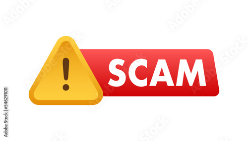 Banner with red scam alert. Attention sign. Cyber security icon. Caution warning sign sticker. Flat warning symbol. Vector stock illustration.