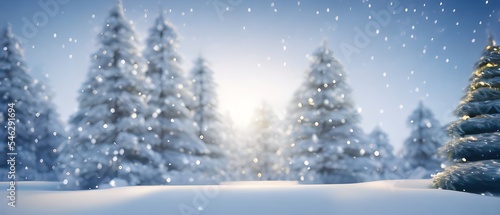 Christmas landscape with snow and fir tree. copy space