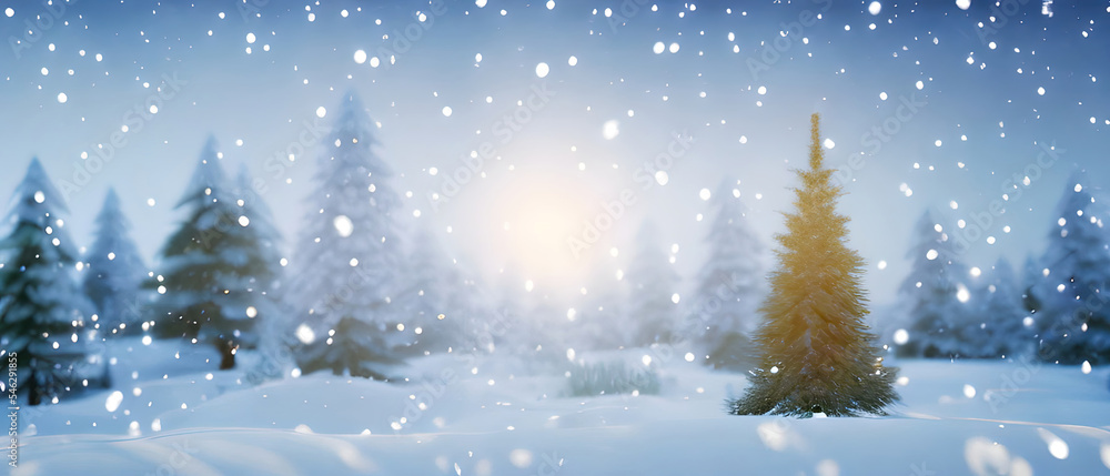 Christmas landscape with snow and fir tree. copy space