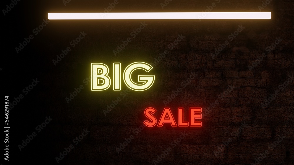 Big sale neon signs on the wall Style Text 3D rendering Big sale neon signs on the wall Style Text 3D rendering