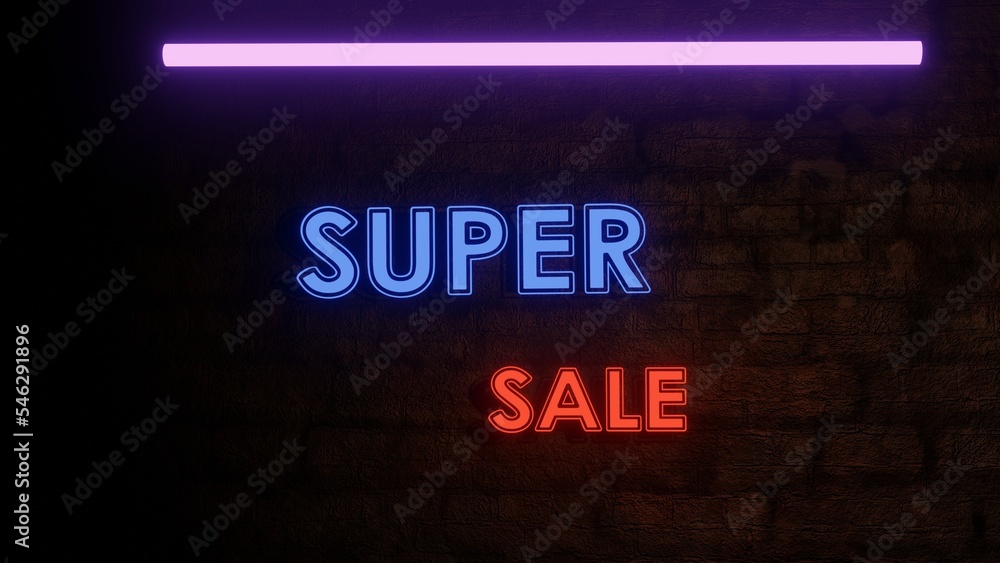 Fototapeta premium Super sale Neon Signs on the wall Style Text 3D rendering