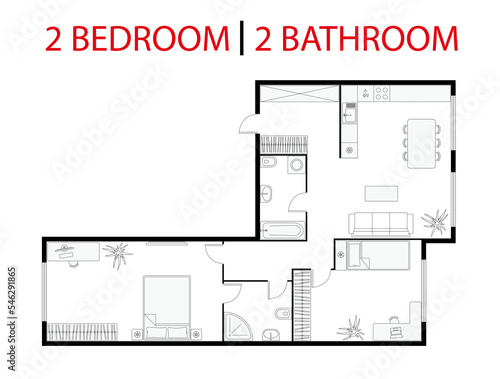 Plan floor apartment. Studio, condominium. Two bedroom layout floor plan. Interior design elements kitchen, bedroom, bathroom with furniture. Vector floorplan living room. Blueprint architectural plan