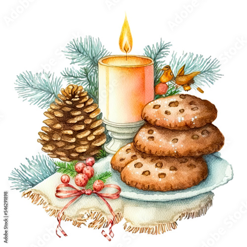 Christmas Decoration with Cookies and Candle, Watercolor Illustration isolated on white Background 