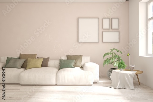 White living room with sofa. Scandinavian interior design. 3D illustration