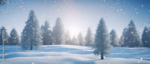 Christmas landscape with snow and fir tree. copy space