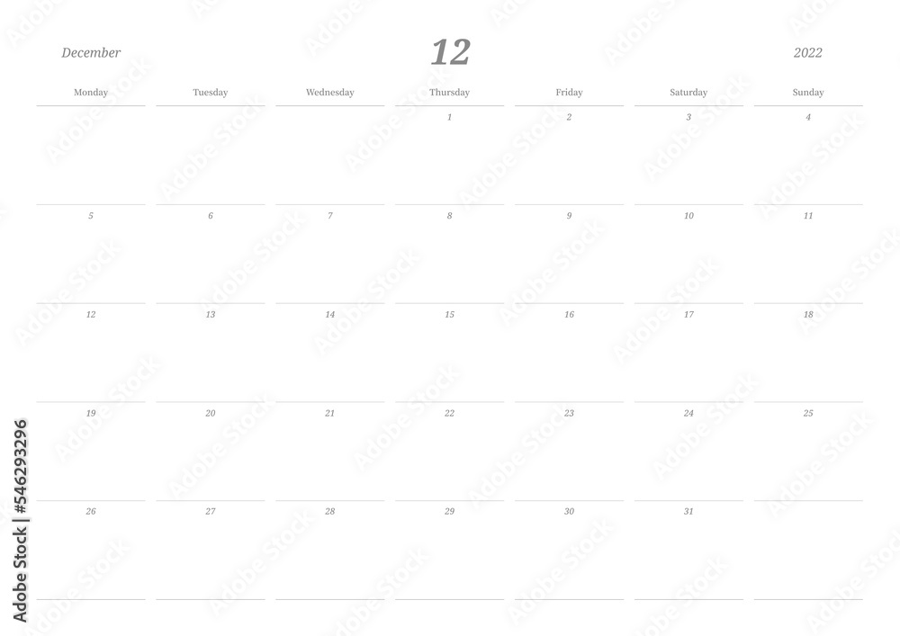 December 2022 calendar template design illustration is simple style. Memo, scheduler, diary, calendar, memo, planner document template background. December 2022 calendar template design illustration is simple style. Memo, scheduler, diary, calendar, memo, planner document template background.