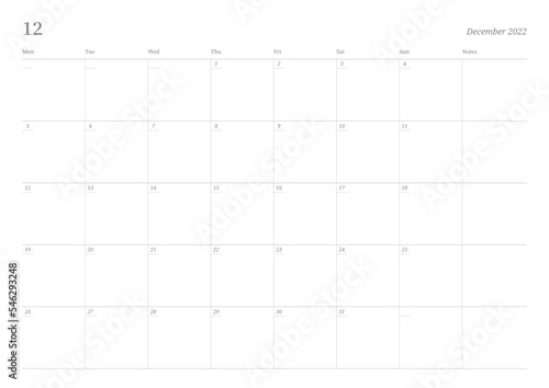 December 2022 calendar template design illustration is simple style. Memo, scheduler, diary, calendar, memo, planner document template background.