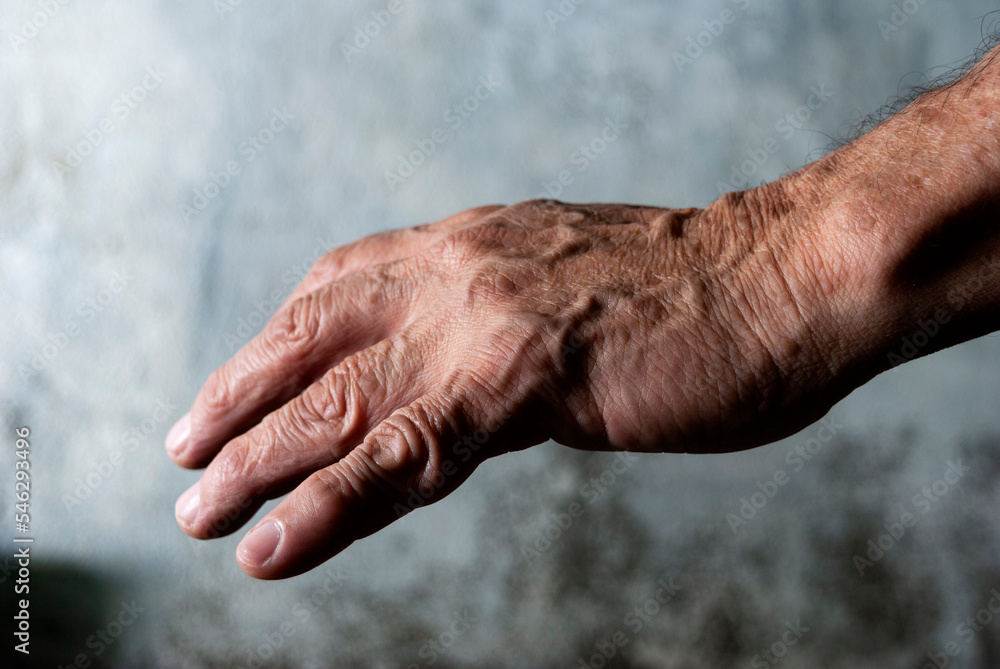 Fototapeta premium Older man's hands, anatomical detail, skin texture, expression and manual language, working man's hand.